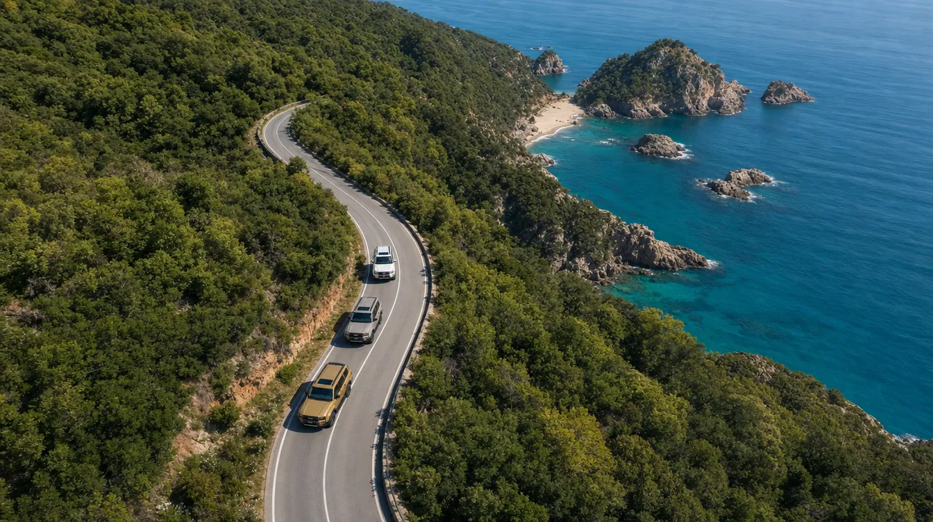 Roverland Voyage Prado convoy on coastal South Island road